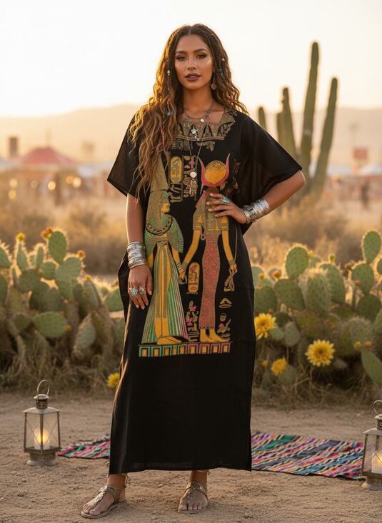Vintage Dresses & Skirts - Vintage Egyptian Print Black Kaftan Dress